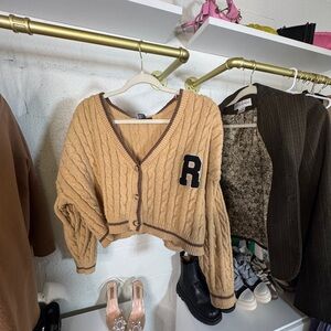 Forever 21 Camel Cable Knit Cardigan with Black Patch